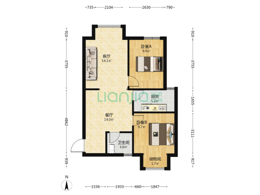 公园明筑 2室2厅1卫 92平方