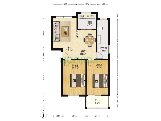 新安路60号 2室2厅1卫 82平方