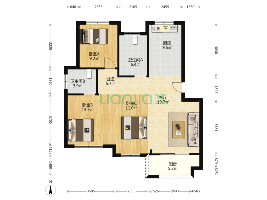 浦睦轩 3室1厅2卫 101平方