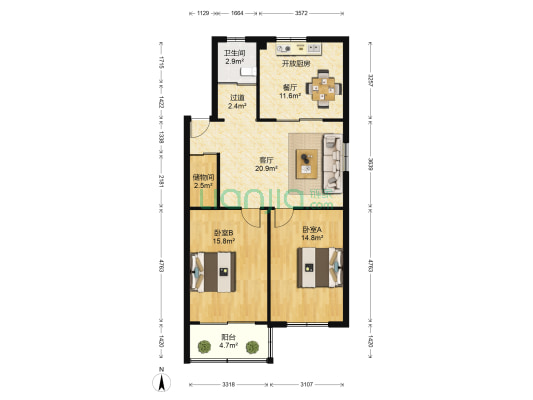 太湖花园二期 2室2厅1卫 91平方
