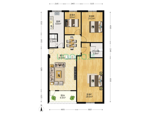 水头何大楼 3室1厅2卫 129平方