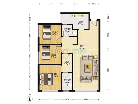 汇悦天地住宅小区 3室1厅2卫 92平方