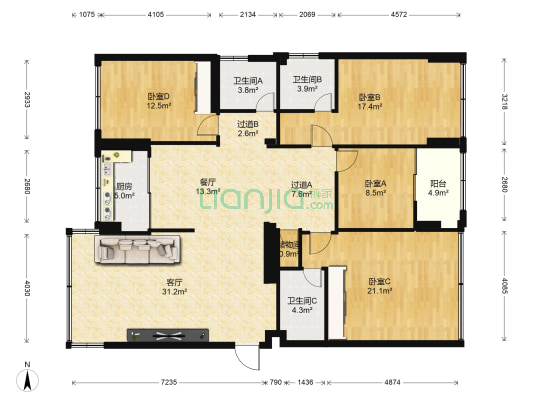 东大街 4室2厅3卫 161平方
