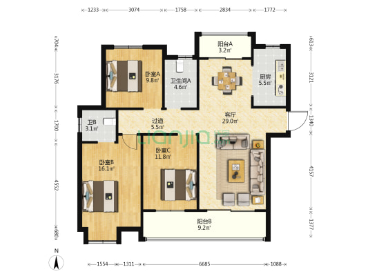 襄投·锦程 3室1厅2卫 125平方