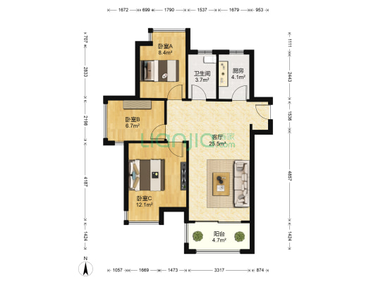 海亮V+社区 3室1厅1卫 88平方