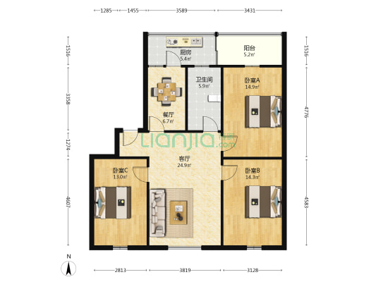 天胜小区一区 3室2厅1卫 110平方