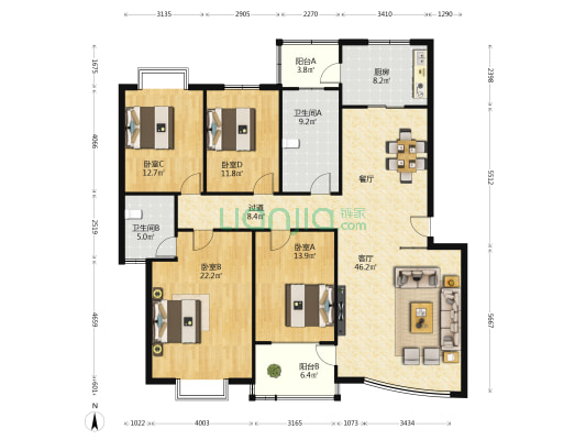 联通嘉苑 4室1厅2卫 168平方