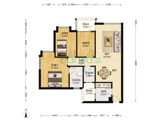菊苑居B区 2室1厅2卫 92平方