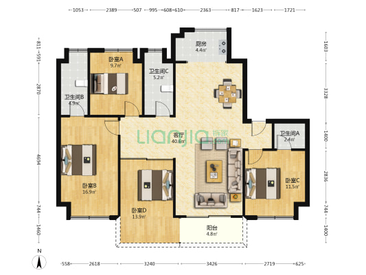 金富高铁滨河苑 4室1厅3卫 140平方