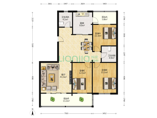 中国市政西北设计住宅楼 3室1厅2卫 155平方