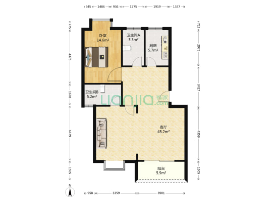 南湖景苑 1室1厅2卫 117平方