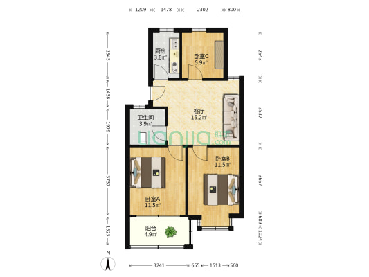 青龙桥公寓 3室1厅1卫 68平方