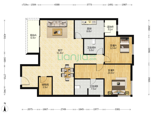 思南公馆 2室1厅2卫 158平方