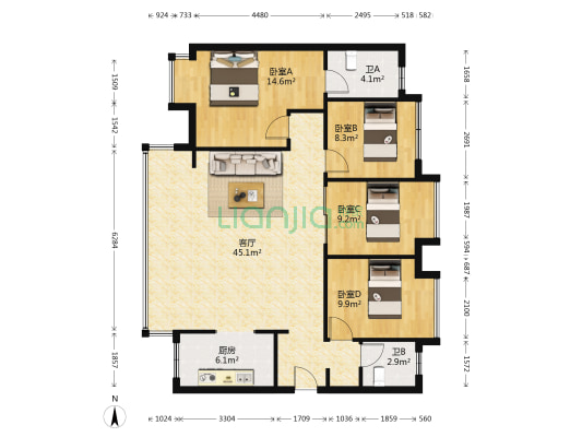 上坤翰林湖壹号 4室1厅2卫 120平方