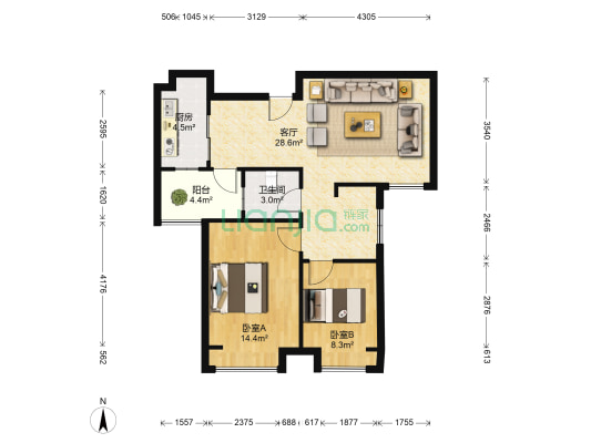 大正翡翠花园 2室1厅1卫 89平方