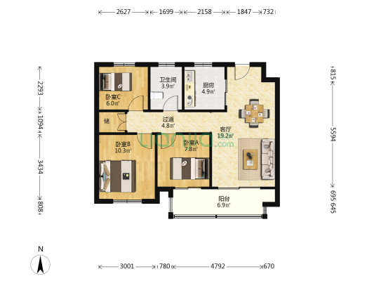 世纪晨光园 3室1厅1卫 87平方