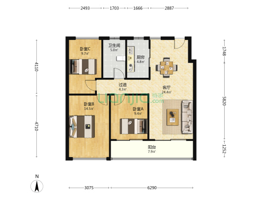 嘉致峰庭 3室1厅1卫 103平方