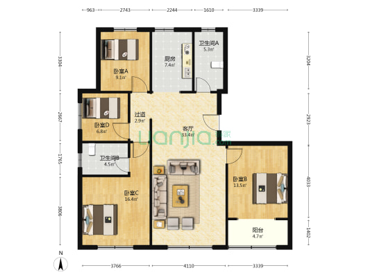 舜威天境 4室1厅2卫 146平方