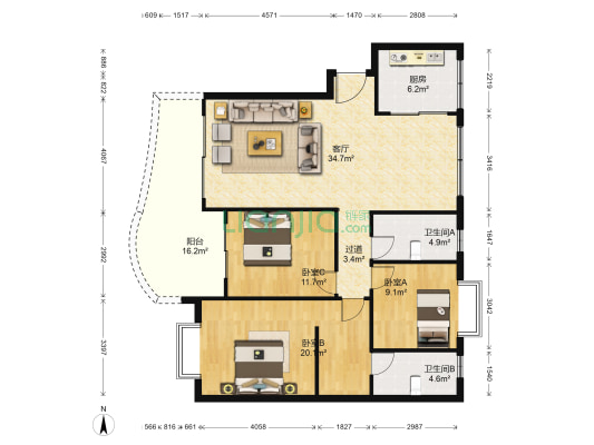 尚阳康城 3室1厅2卫 124平方
