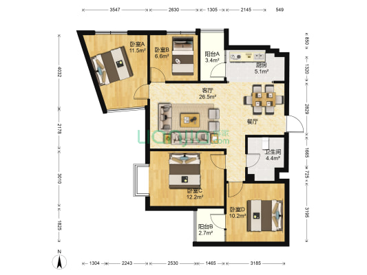 景星花园 4室1厅1卫 95平方