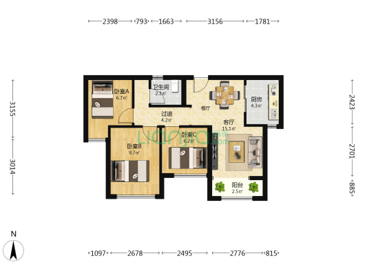 中南青樾 3室1厅1卫 76平方