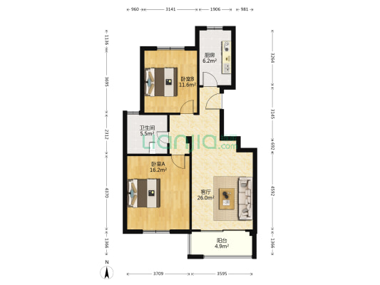 新湖苑二区 2室1厅1卫 90平方