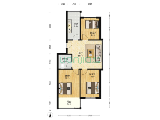 三联嘉园 3室1厅1卫 86平方