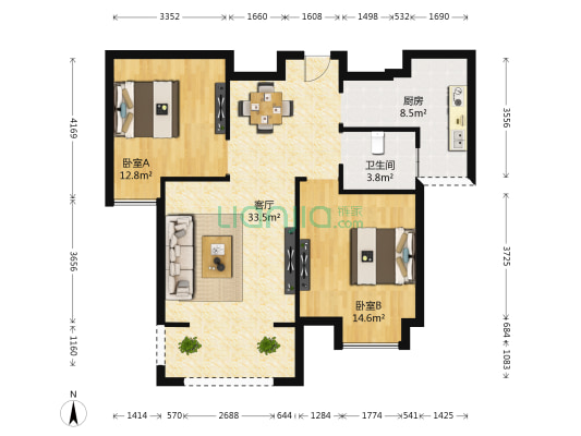 璜溪华建家园 2室1厅1卫 88平方