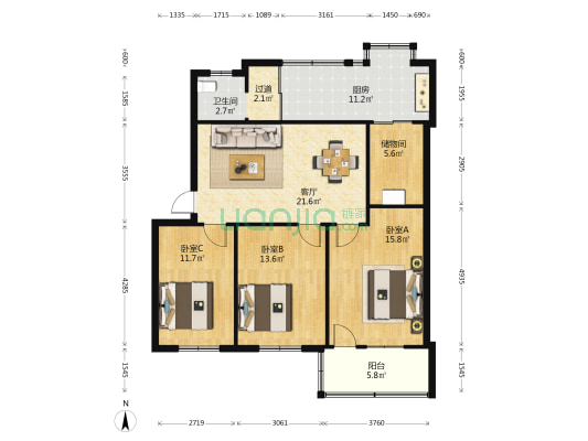 滨湖仪器厂宿舍 3室1厅1卫 97平方