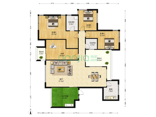 泰达天海国际三期 4室1厅2卫 192平方