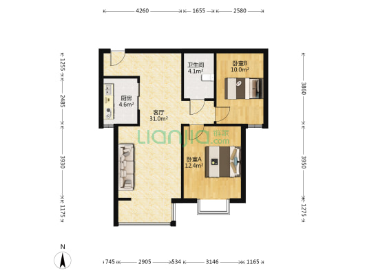 鼎原时代 2室1厅1卫 103平方