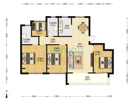 天禧时代花园 4室1厅2卫 135平方