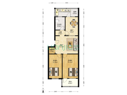 青后小区五区 2室2厅1卫 91平方