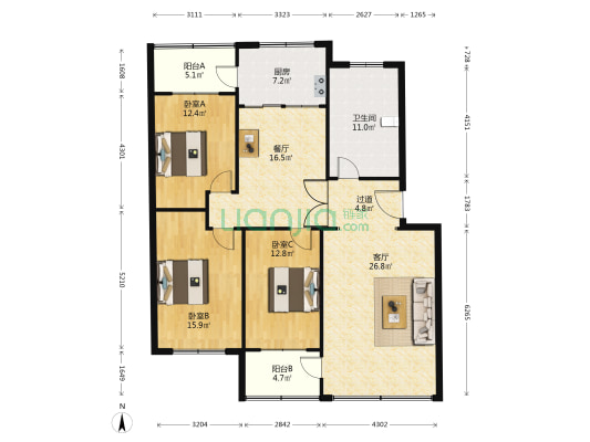 自来水宿舍 3室2厅1卫 133平方