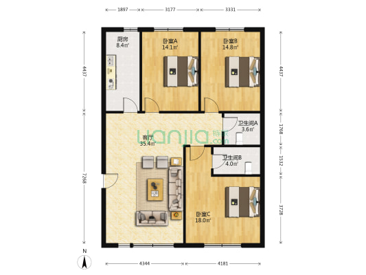 鼓楼东街 3室1厅2卫 130平方
