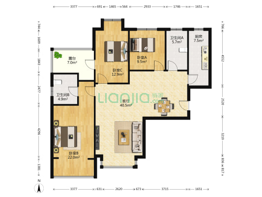 宝石花苑 3室1厅2卫 134平方