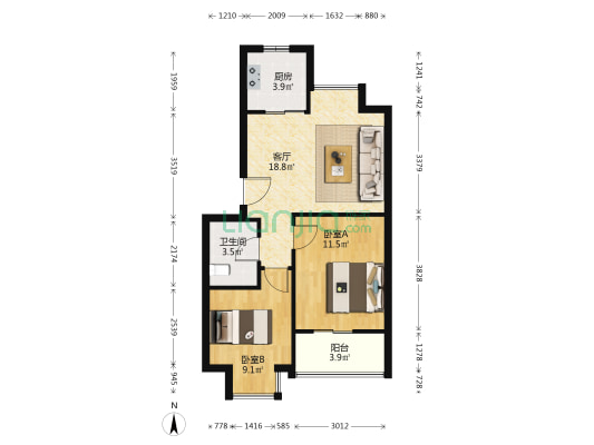 蒋村花园广安苑 2室1厅1卫 60平方