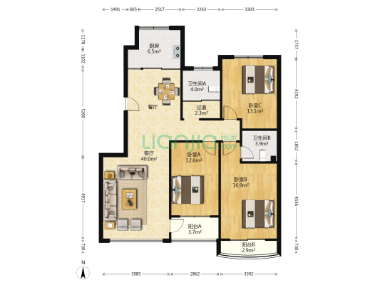 卧龙新居 3室1厅2卫 133平方