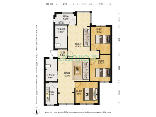 棕南正街2号 3室2厅2卫 110平方