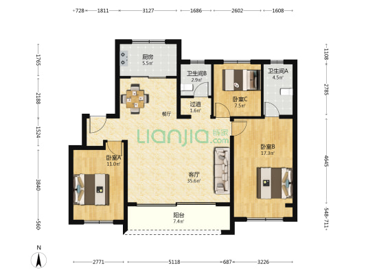金融街广安控股融府 3室1厅2卫 118平方
