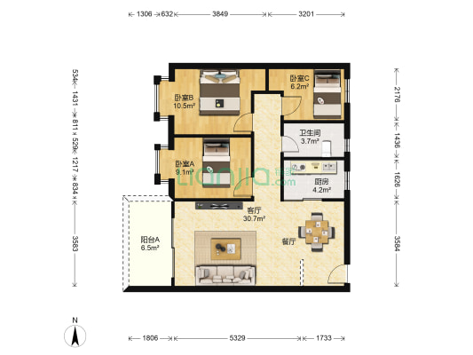 藤业富濠广场 3室1厅1卫 88平方