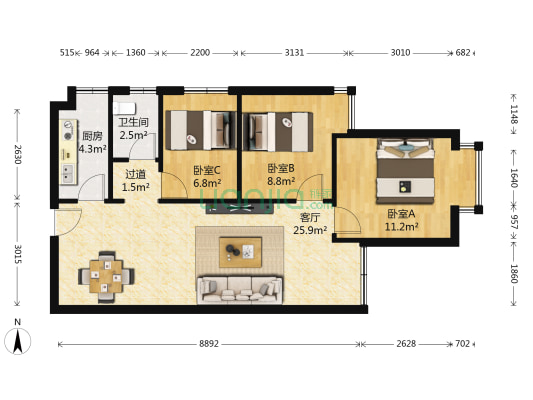 花果园C区 3室1厅1卫 78平方