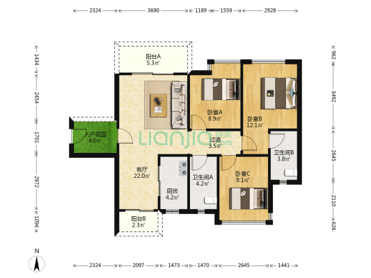 万顺华府 3室1厅2卫 98平方