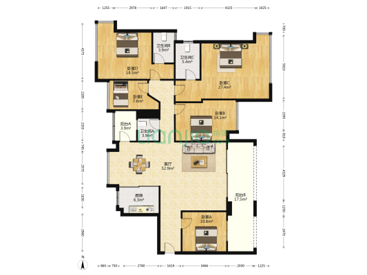 雅居乐新城都荟A区 5室1厅3卫 173平方