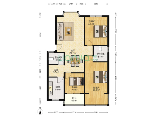 瀚海教师楼 3室1厅2卫 107平方