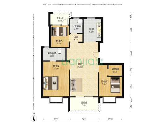 海伦堡璟文府 3室1厅2卫 107平方