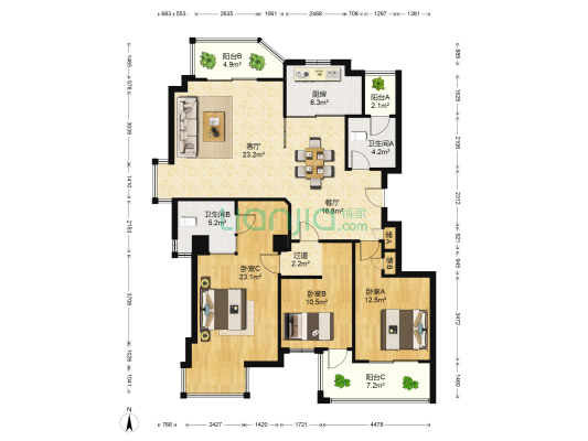 新天地公寓 3室2厅2卫 146平方