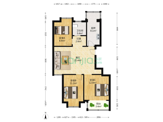 蓝天航空苑 3室1厅1卫 94平方