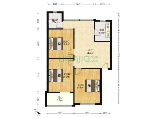 东升白鹤社区78号后院 3室1厅1卫 94平方