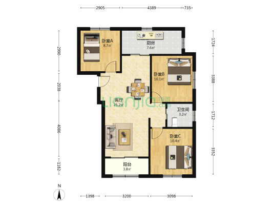 佘北家园士辰苑 3室1厅1卫 92平方